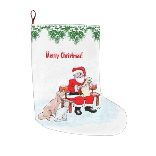 Merry Christmas _ Santa Claus with Cat and Dog Large Christmas Stocking
