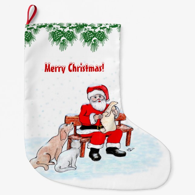Merry Christmas - Santa Claus with Cat and Dog Large Christmas Stocking (Front)