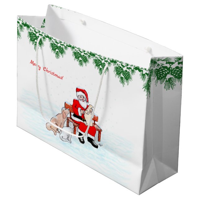 Merry Christmas! Santa Claus with Cat and Dog Large Gift Bag (Front Angled)