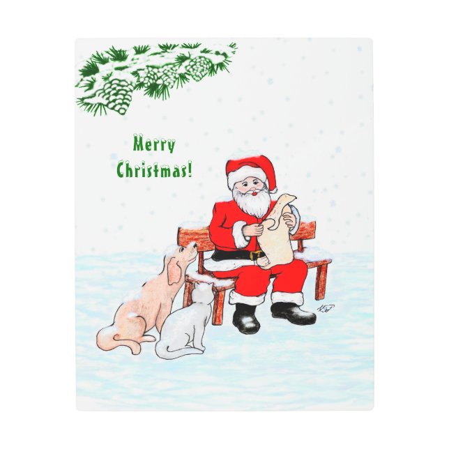 Merry Christmas! Santa Claus with Cat and Dog Metal Print (Front)