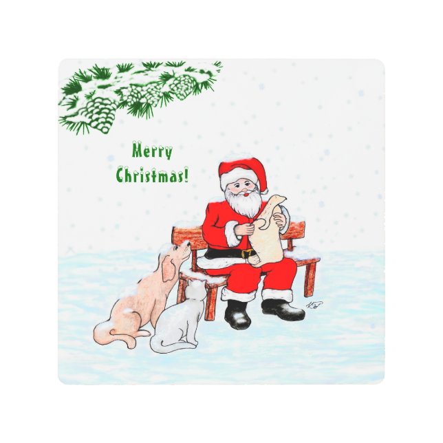 Merry Christmas! Santa Claus with Cat and Dog Metal Print (Front)