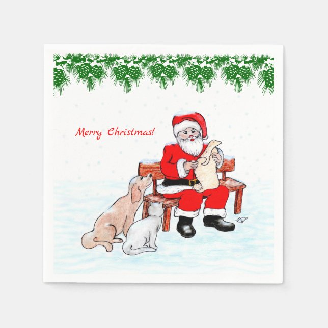 Merry Christmas - Santa Claus with Cat and Dog Napkins (Front)