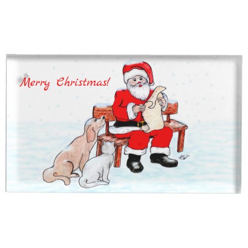 Merry Christmas _ Santa Claus with Cat and Dog Place Card Holder