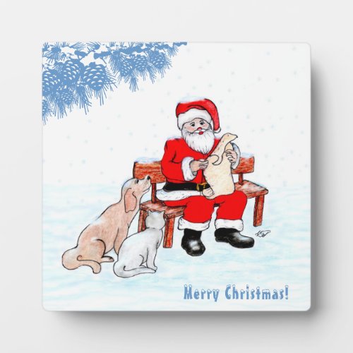 Merry Christmas _ Santa Claus with Cat and Dog Plaque