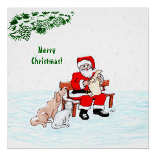 Merry Christmas! Santa Claus with Cat and Dog Poster