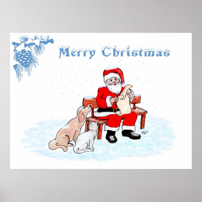 Merry Christmas - Santa Claus with Cat and Dog Poster (Front)