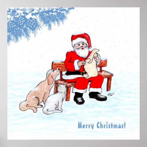 Merry Christmas _ Santa Claus with Cat and Dog Poster