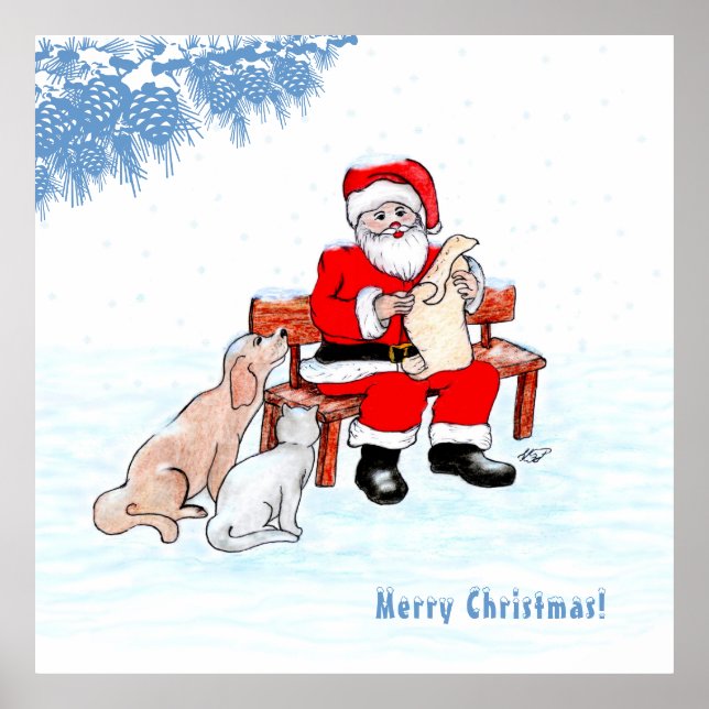 Merry Christmas - Santa Claus with Cat and Dog Poster (Front)