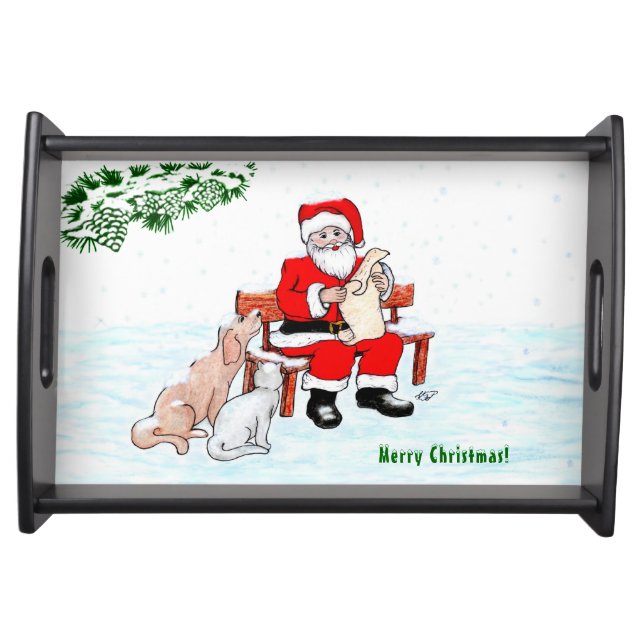 Merry Christmas! Santa Claus with Cat and Dog Serving Tray (Front)
