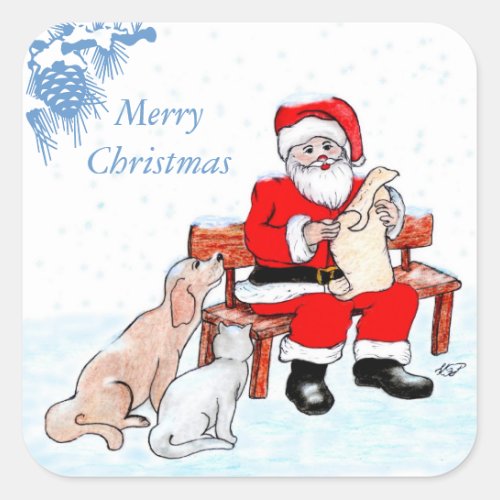 Merry Christmas _ Santa Claus with Cat and Dog Square Sticker