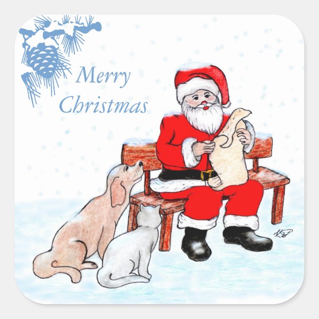 Merry Christmas - Santa Claus with Cat and Dog Square Sticker (Front)