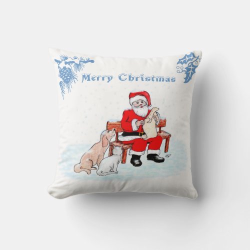 Merry Christmas _ Santa Claus with Cat and Dog Throw Pillow