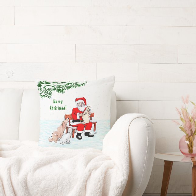 Merry Christmas! Santa Claus with Cat and Dog Throw Pillow (Couch)