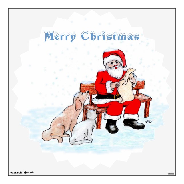Merry Christmas - Santa Claus with Cat and Dog Wall Decal (Front)