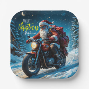 Merry Christmas Santa Clause On Motorcycle Paper Plates