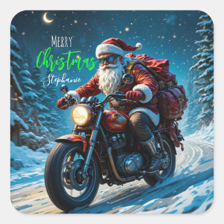 Merry Christmas Santa Clause On Motorcycle Square Sticker