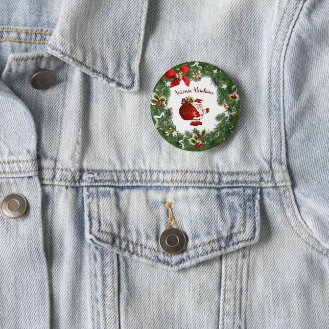 Merry Christmas Santa Clause Wreath Personalize  Button (In Situ)