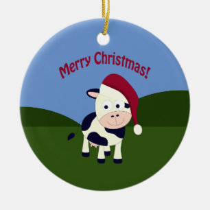 Merry Christmas Santa Cow Ceramic Ornament