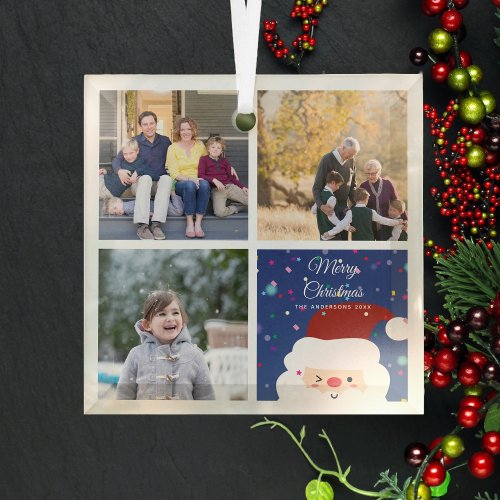 Merry Christmas Santa  Cute Family Photo Collage Glass Ornament
