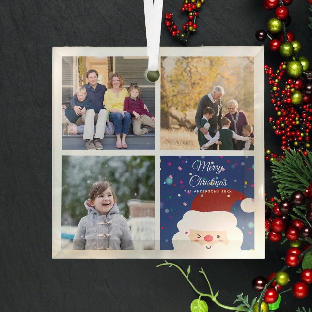 Merry Christmas Santa & Cute Family Photo Collage Glass Ornament (Creator Uploaded)