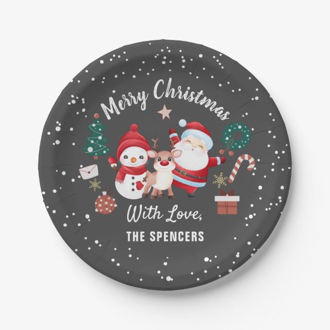 Merry Christmas Santa Deer Snowman Holiday Party Paper Plates (Front)