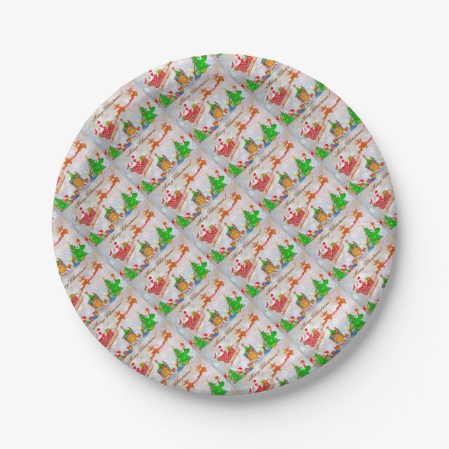 Merry Christmas Santa Delivering Gifts Paper Plates (Front)