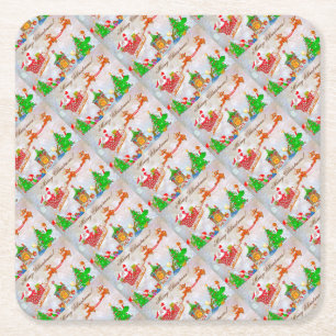 Merry Christmas Santa Delivering Gifts Square Paper Coaster
