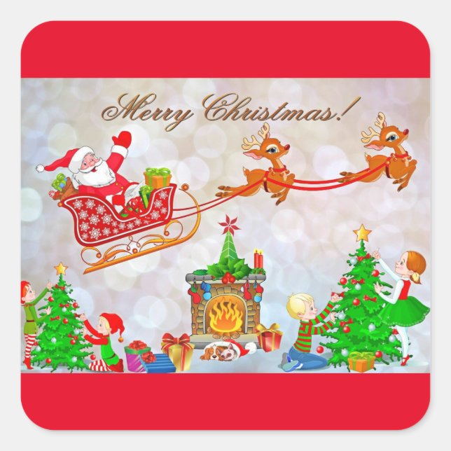 Merry Christmas Santa Delivering Gifts Square Sticker (Front)