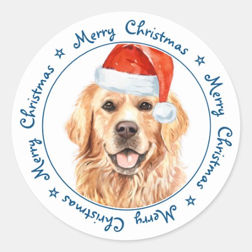 Merry Christmas Santa Dog Golden Retriever Classic Round Sticker