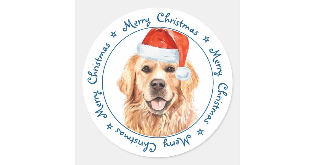Merry Christmas Santa Dog Golden Retriever Classic Round Sticker | Zazzle