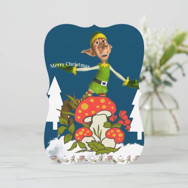 Merry Christmas Santa Elf Mush Flat Greeting Card (Standing Front)