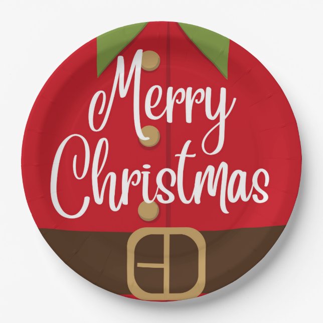 Merry Christmas Santa Elf Suit Paper Plates (Front)