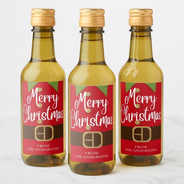 Merry Christmas Santa Elf Suit Personalized Name Wine Label (Bottles)