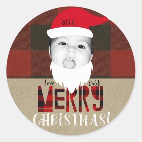 Merry Christmas Santa Face Cute Photo Holiday Classic Round Sticker
