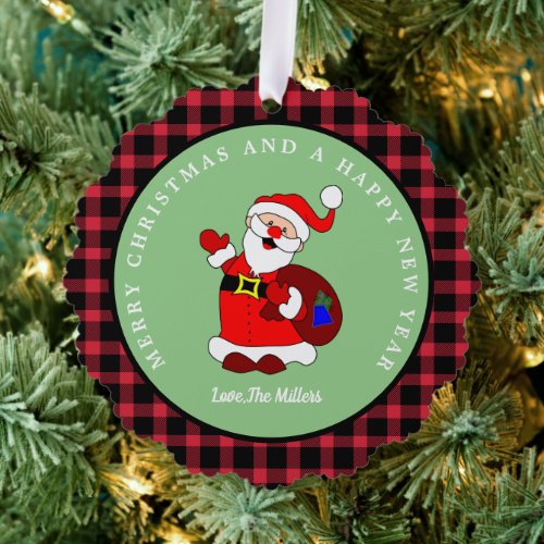 Merry Christmas Santa Family Name Red Plaid Ornament Card