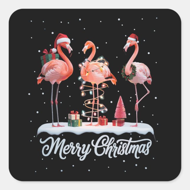 Merry Christmas Santa Flamingo Light Snow Xmas Square Sticker (Front)
