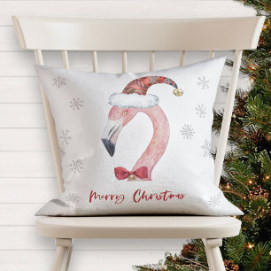 Merry Christmas Santa Flamingo Red Typography Throw Pillow