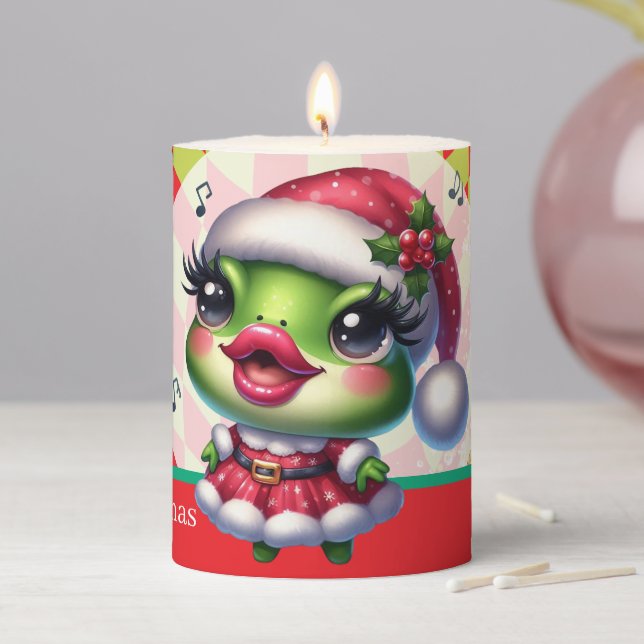 Merry Christmas Santa Frog Girly Singing Pillar Candle (In Situ)