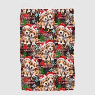 Merry Christmas Santa Hat Dog Puppy Design - Black Golf Towel