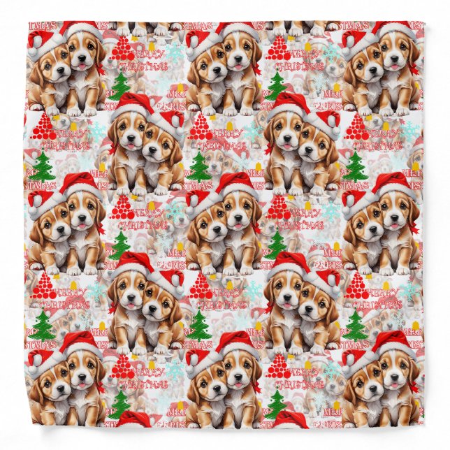 Merry Christmas Santa Hat Dog Puppy Design - White Bandana (Front)