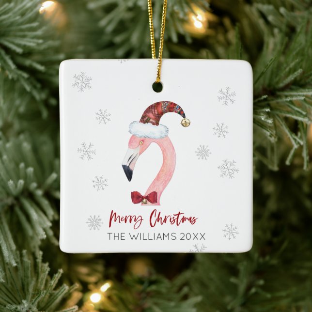 Merry Christmas Santa Hat Flamingo Snowflakes Ceramic Ornament (Tree)
