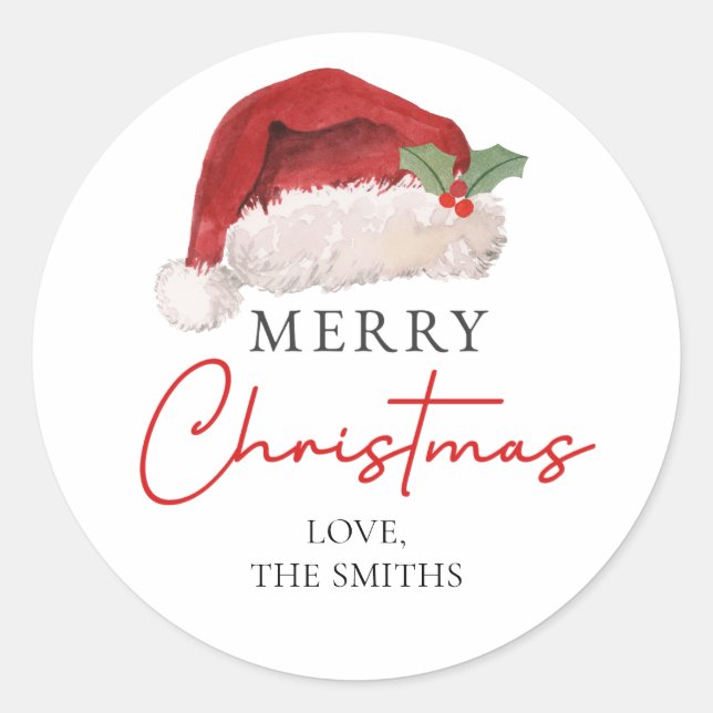 Merry Christmas Santa Hat Mistletoe Classic Round Sticker (Front)