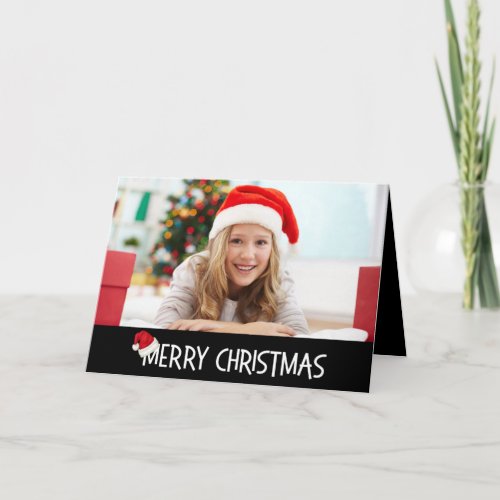 Merry Christmas Santa Hat on Black Custom Photo Holiday Card