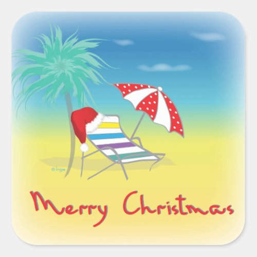 Merry Christmas Santa Hat Palm Tree Beach Square Sticker