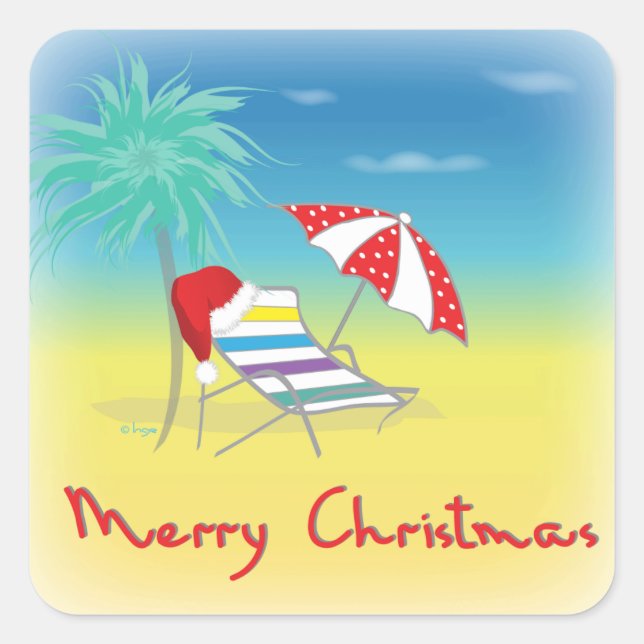Merry Christmas, Santa Hat, Palm Tree, Beach Square Sticker (Front)