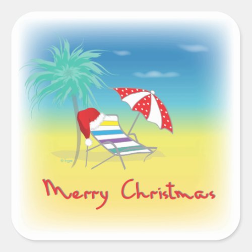 Merry Christmas Santa Hat Palm Tree Beach Square Sticker