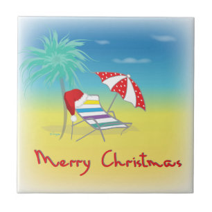 Merry Christmas, Santa Hat, Palm Tree, Beach Tile