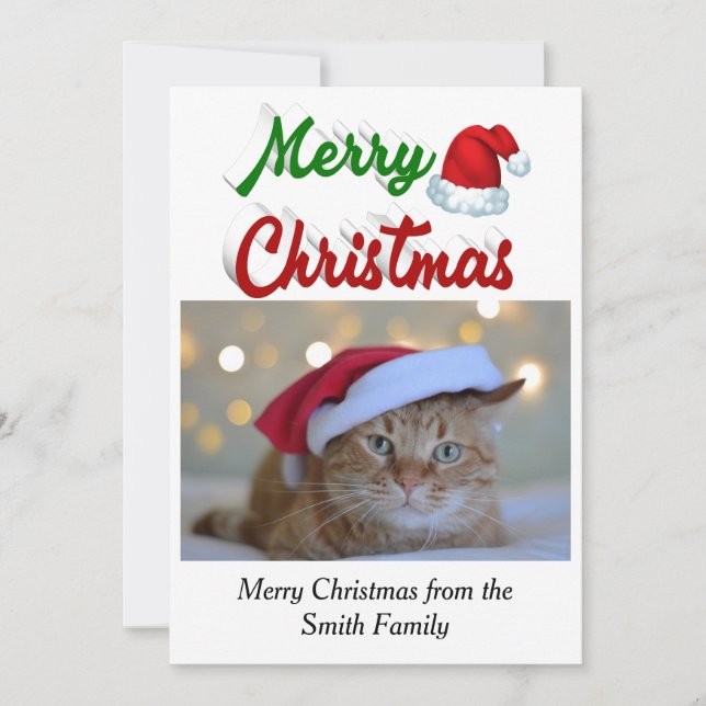 Merry Christmas Santa hat photo red green script  Holiday Card (Front)