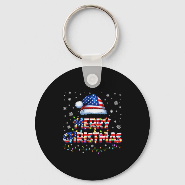 Merry Christmas Santa Hat Pjs Pajamas Us Flag Xmas Keychain (Front)
