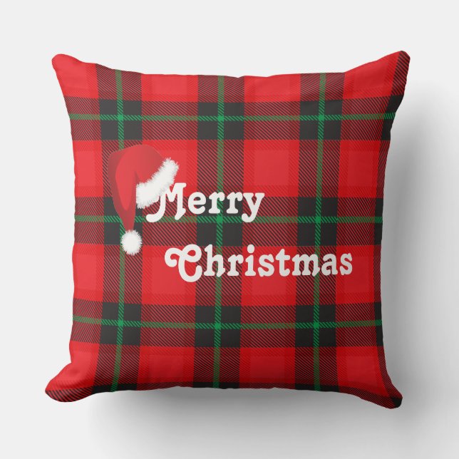 Merry Christmas Santa hat Plaid Tartan Pattern Throw Pillow (Front)
